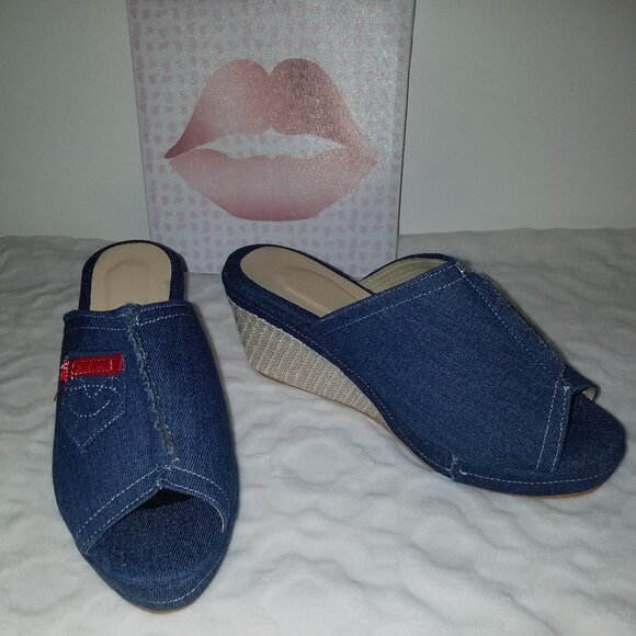 Denim Summer Platform Wedges Sandals sz US10 UK43 - Picture 1 of 3